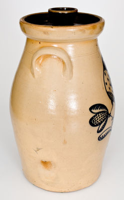 Outstanding T. HARRINGTON (Lyons, New York) Stoneware Churn w/ Elaborate Slip-Trailed Bird Decoration