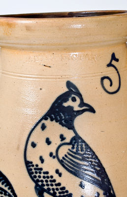 Outstanding T. HARRINGTON (Lyons, New York) Stoneware Churn w/ Elaborate Slip-Trailed Bird Decoration