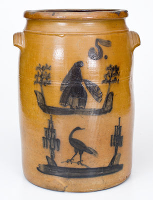 Spectacular Morgantown, WV Stoneware Crock with Woman and Bird Decorations,Thompson Pottery, circa 1865