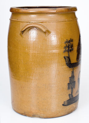 Spectacular Morgantown, WV Stoneware Crock with Woman and Bird Decorations,Thompson Pottery, circa 1865