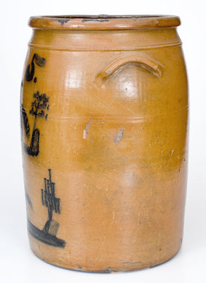 Spectacular Morgantown, WV Stoneware Crock with Woman and Bird Decorations,Thompson Pottery, circa 1865