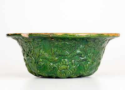 Outstanding JOHN BELL (Waynesboro, PA) Redware Hanging Basket with Bold Green Glaze