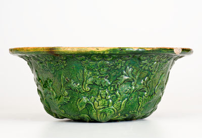 Outstanding JOHN BELL (Waynesboro, PA) Redware Hanging Basket with Bold Green Glaze