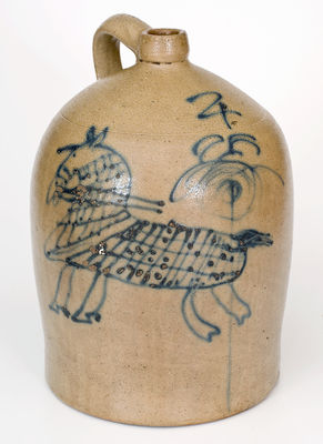 Very Rare Four-Gallon Midwestern Stoneware Jug w/ Folk Art Cobalt Horse Decoration