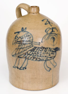 Very Rare Four-Gallon Midwestern Stoneware Jug w/ Folk Art Cobalt Horse Decoration