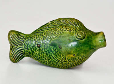 Rare and Fine Moravian Green-Glazed Redware Fish Flask, Salem, North Carolina
