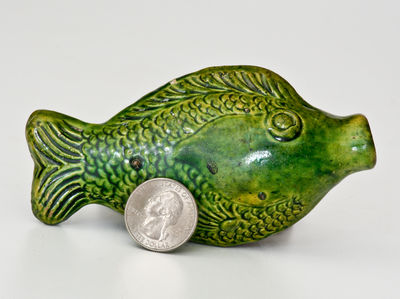 Rare and Fine Moravian Green-Glazed Redware Fish Flask, Salem, North Carolina