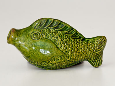 Rare and Fine Moravian Green-Glazed Redware Fish Flask, Salem, North Carolina