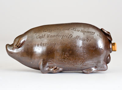 Anna Pottery Pig Bottle w/ Incised Steamboat: Grayville and New Harmony Packet / Capt Vandergrift, Master / makes regular trips on time in a hogs- / 1880