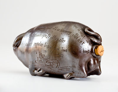 Outstanding Anna Pottery Stoneware Pig Flask w/ Incised Steamboat and Presentation Inscription