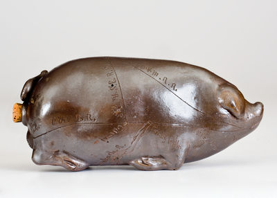 Outstanding Anna Pottery Stoneware Pig Flask w/ Incised Steamboat and Presentation Inscription