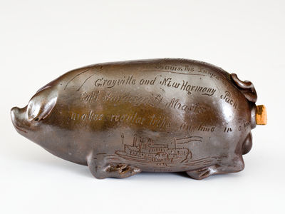 Outstanding Anna Pottery Stoneware Pig Flask w/ Incised Steamboat and Presentation Inscription