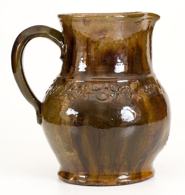 Rare Coggle-Decorated Redware Pitcher, attrib. Jacob Heart, Chambersburg, PA, circa 1840