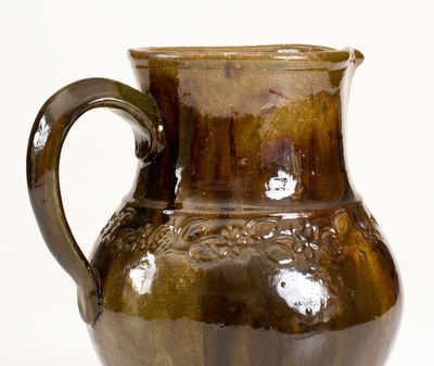 Rare Coggle-Decorated Redware Pitcher, attrib. Jacob Heart, Chambersburg, PA, circa 1840