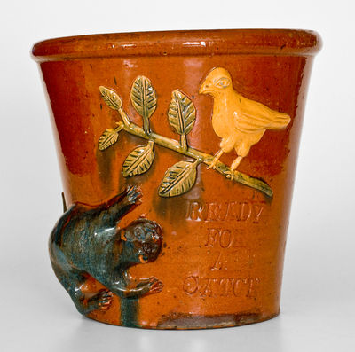 Highly Important Absalom Bixler (Lancaster County, PA) Redware Flowerpot w/ Applied Cat and Bird Motif, READY FOR A CATCH