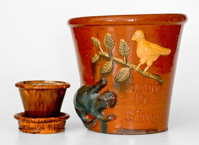 Highly Important Absalom Bixler (Lancaster County, PA) Redware Flowerpot w/ Applied Cat and Bird Motif, 