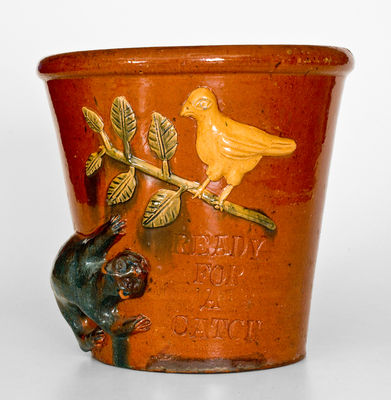 Highly Important Absalom Bixler (Lancaster County, PA) Redware Flowerpot w/ Applied Cat and Bird Motif, 