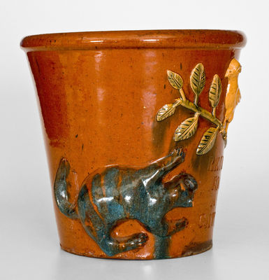 Highly Important Absalom Bixler (Lancaster County, PA) Redware Flowerpot w/ Applied Cat and Bird Motif, 