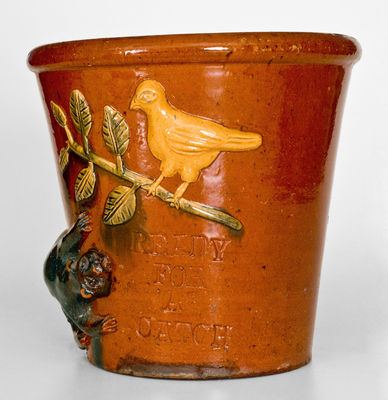 Highly Important Absalom Bixler (Lancaster County, PA) Redware Flowerpot w/ Applied Cat and Bird Motif, 