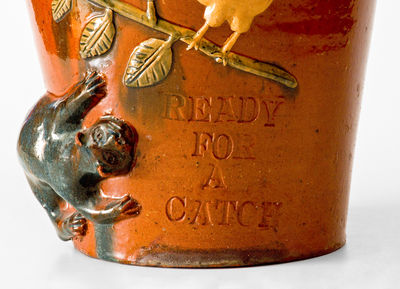 Highly Important Absalom Bixler (Lancaster County, PA) Redware Flowerpot w/ Applied Cat and Bird Motif, 
