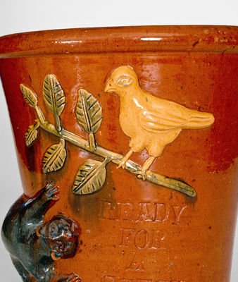 Highly Important Absalom Bixler (Lancaster County, PA) Redware Flowerpot w/ Applied Cat and Bird Motif, 