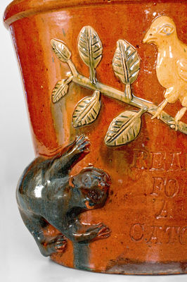 Highly Important Absalom Bixler (Lancaster County, PA) Redware Flowerpot w/ Applied Cat and Bird Motif, 