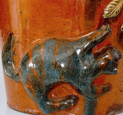 Highly Important Absalom Bixler (Lancaster County, PA) Redware Flowerpot w/ Applied Cat and Bird Motif, 