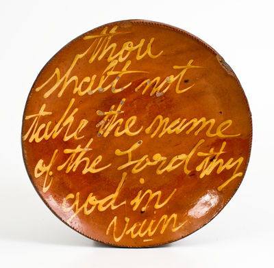 Extremely Rare Norwalk, Connecticut Redware Plate w/ Elaborate Ten Commandments Inscription