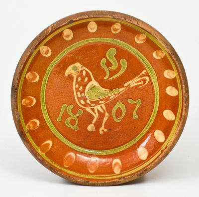 1807 Southeastern PA Slip-Decorated Redware Dish with Bird Motif