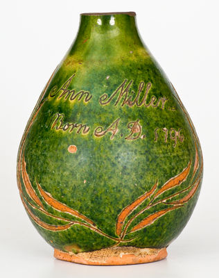Extremely Rare Green-Glazed Redware Vase Inscribed Ann Miller, attrib. Thomas Vickers, Chester County, PA