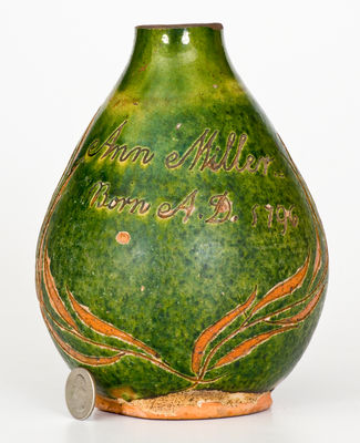 Extremely Rare Green-Glazed Redware Vase Inscribed 