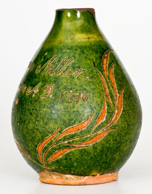 Extremely Rare Green-Glazed Redware Vase Inscribed 