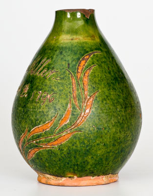 Extremely Rare Green-Glazed Redware Vase Inscribed 