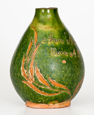 Extremely Rare Green-Glazed Redware Vase Inscribed 