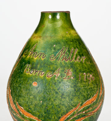 Extremely Rare Green-Glazed Redware Vase Inscribed 