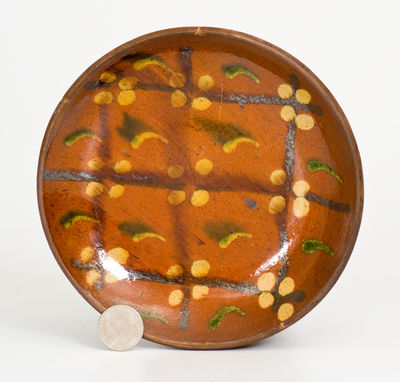 Exceptional Berks County, PA Redware Plate with Three-Color Slip Geometric Design