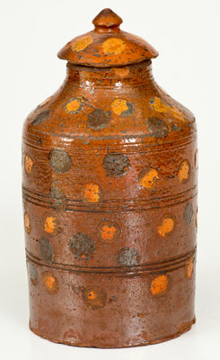 Exceptional Spotted Redware Jar w/ Lid attrib. Thompson Pottery, Morgantown, WV, c1820-40