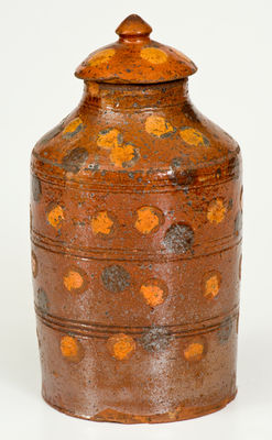 Exceptional Spotted Redware Jar w/ Lid attrib. Thompson Pottery, Morgantown, WV, c1820-40