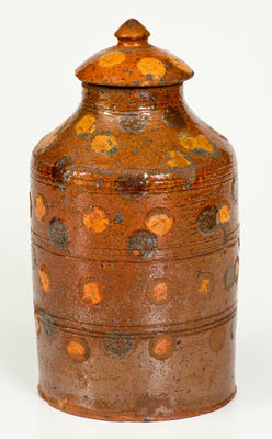 Exceptional Spotted Redware Jar w/ Lid attrib. Thompson Pottery, Morgantown, WV, c1820-40