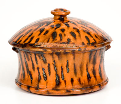 Unusual Lidded Redware Butter Crock, Southern or Mid-Atlantic origin, mid 19th century