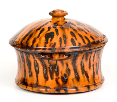 Unusual Lidded Redware Butter Crock, Southern or Mid-Atlantic origin, mid 19th century