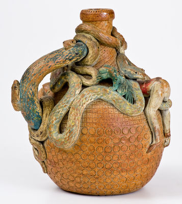 Rare and Fine Anna Pottery Stoneware Temperance Jug w/ Snake, Frog, and Human Figures