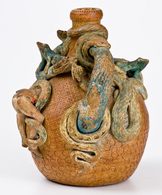 Rare and Fine Anna Pottery Stoneware Temperance Jug w/ Snake, Frog, and Human Figures
