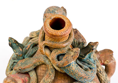 Rare and Fine Anna Pottery Stoneware Temperance Jug w/ Snake, Frog, and Human Figures