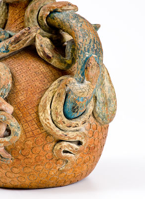 Rare and Fine Anna Pottery Stoneware Temperance Jug w/ Snake, Frog, and Human Figures