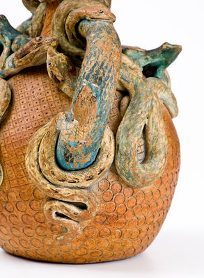 Rare and Fine Anna Pottery Stoneware Temperance Jug w/ Snake, Frog, and Human Figures
