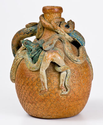 Rare and Fine Anna Pottery Stoneware Temperance Jug w/ Snake, Frog, and Human Figures