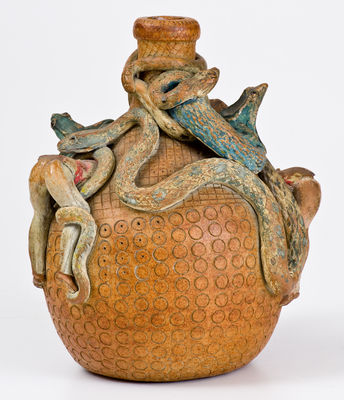 Rare and Fine Anna Pottery Stoneware Temperance Jug w/ Snake, Frog, and Human Figures