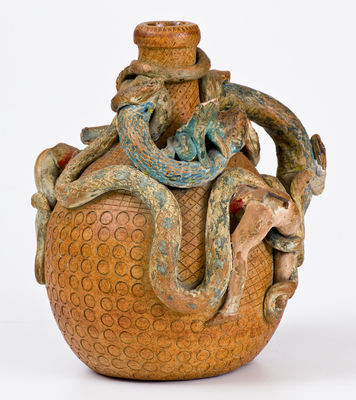 Rare and Fine Anna Pottery Stoneware Temperance Jug w/ Snake, Frog, and Human Figures