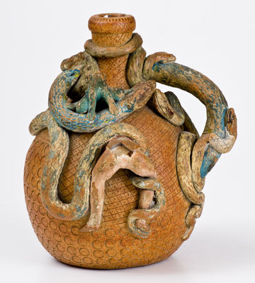 Rare and Fine Anna Pottery Stoneware Temperance Jug w/ Snake, Frog, and Human Figures